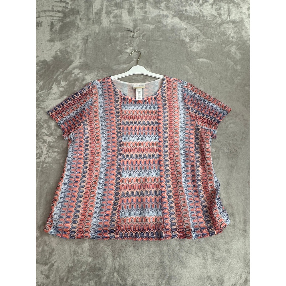 Alfred Dunner Woman 1X Top Blouse Geometric Print Short Sleeve Metallic Sheer